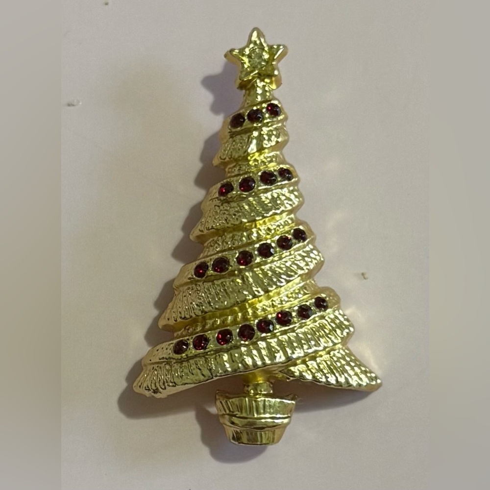 Gold Tone Christmas Tree Brooch with Red Accents